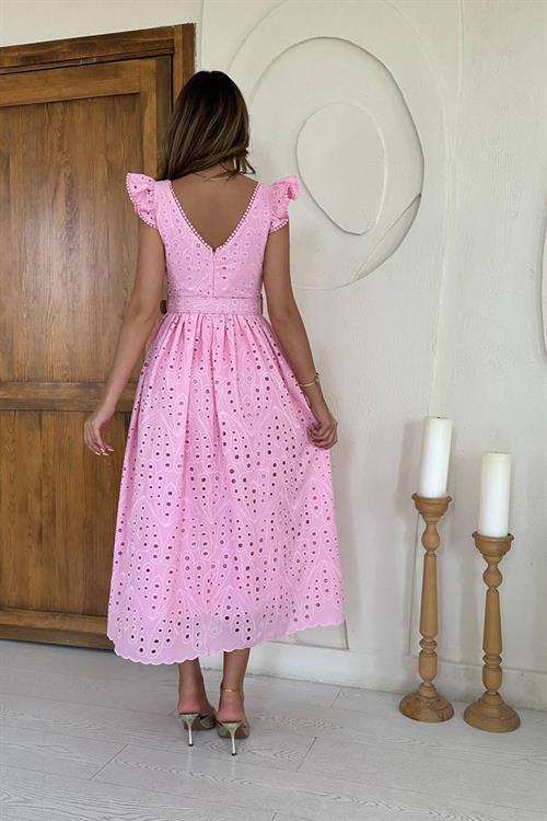 Toptan Pembe Dantelli Brode Elbise