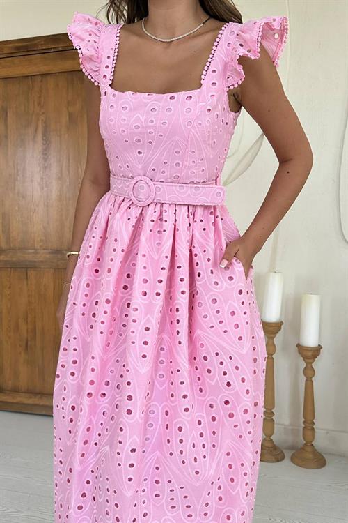 Toptan Pembe Dantelli Brode Elbise