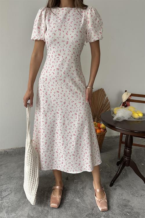 Toptan Pembe Dijital Baskılı Atlas Elbise