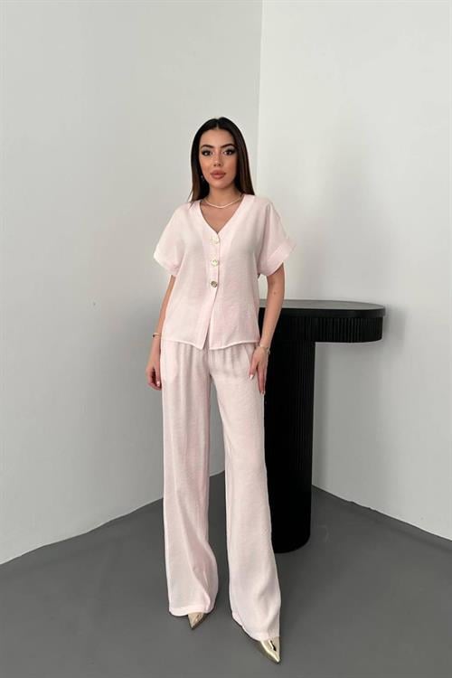 Wholesale Pink Modal Two-Piece Set with Gold Buttons and Matching Belt