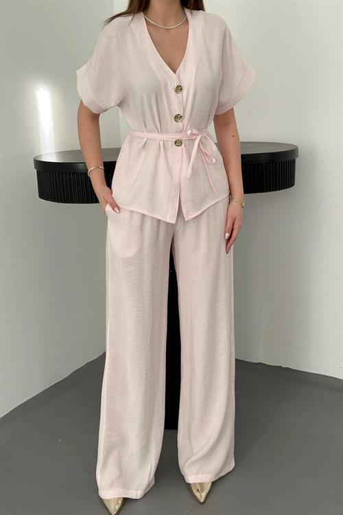 Wholesale Pink Modal Two-Piece Set with Gold Buttons and Matching Belt