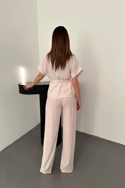 Wholesale Pink Modal Two-Piece Set with Gold Buttons and Matching Belt
