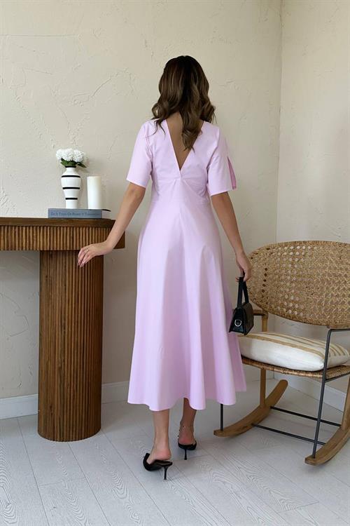 Toptan Pembe Düğmeli Midi Boy Poplin Elbise