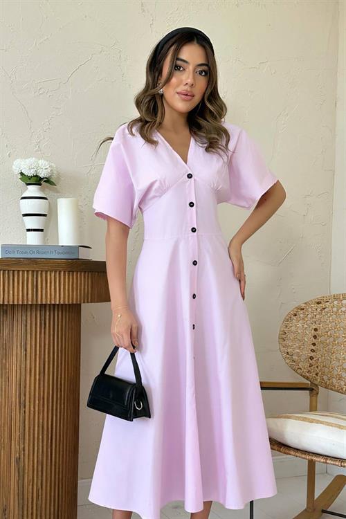 Toptan Pembe Düğmeli Midi Boy Poplin Elbise