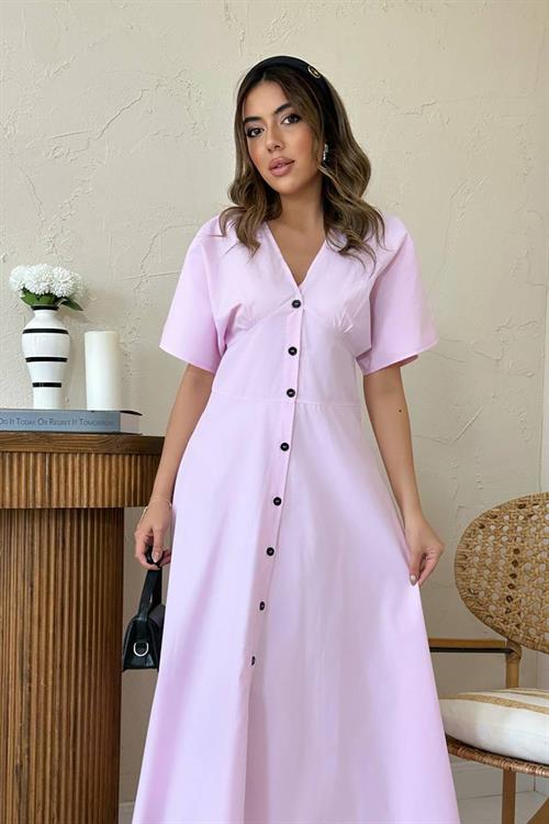Toptan Pembe Düğmeli Midi Boy Poplin Elbise
