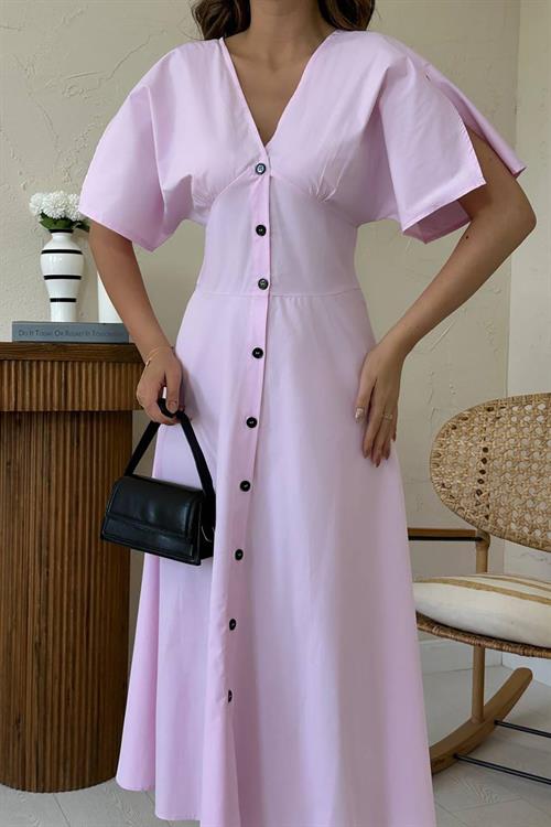Toptan Pembe Düğmeli Midi Boy Poplin Elbise