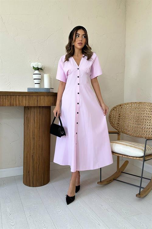 Toptan Pembe Düğmeli Midi Boy Poplin Elbise