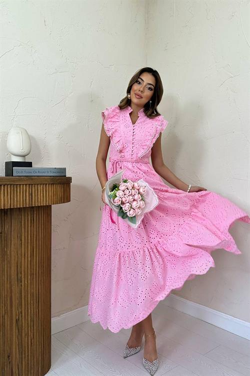 Wholesale Pink Ruffled Embroidered Dress