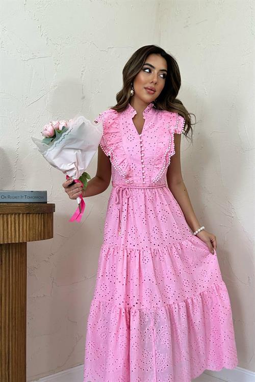 Wholesale Pink Ruffled Embroidered Dress