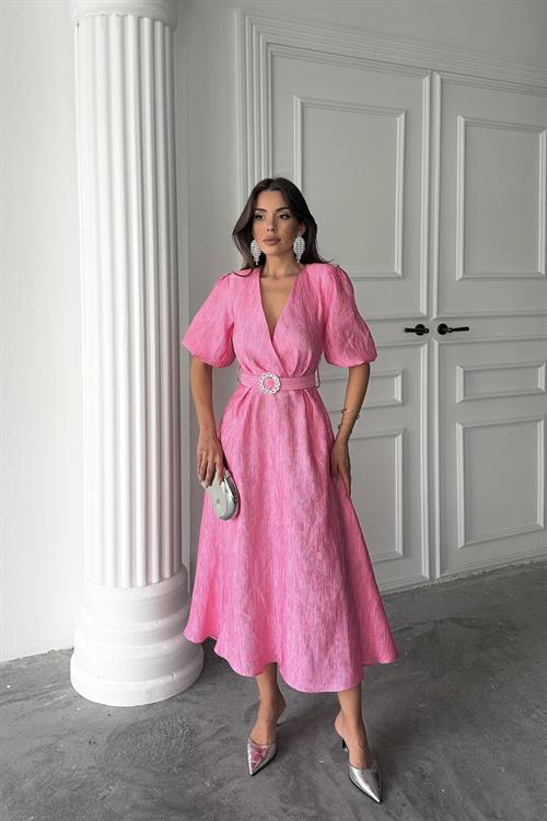 Wholesale Pink Sparkly Wrap Dress with Belt
