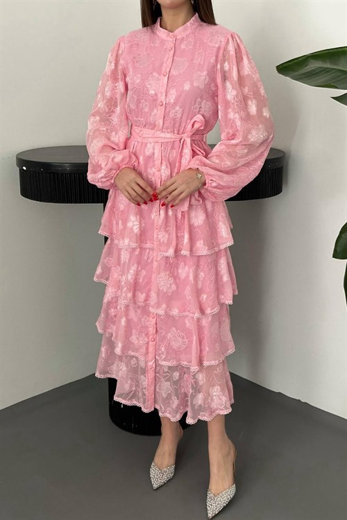 Toptan Pembe Kat Kat Volanlı Elbise