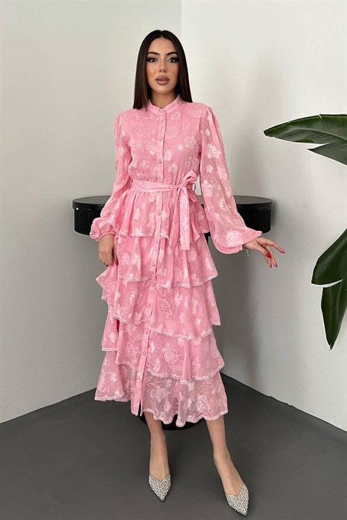 Toptan Pembe Kat Kat Volanlı Elbise