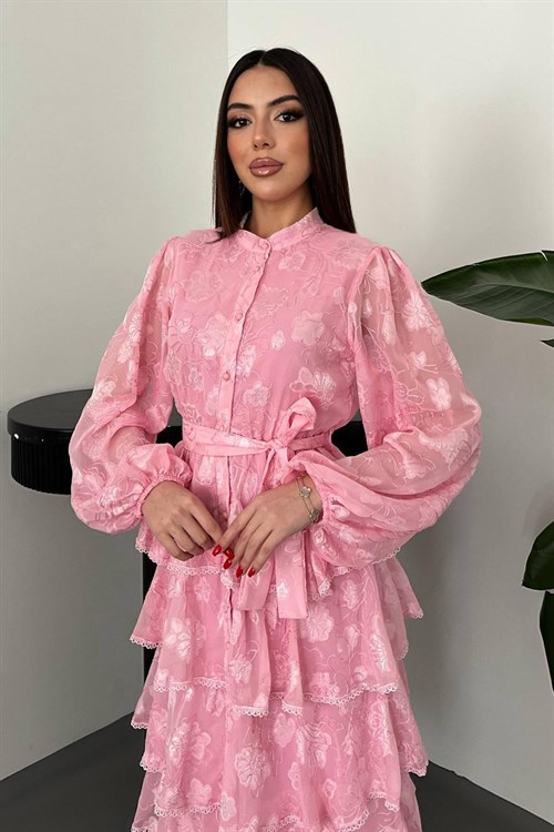 Toptan Pembe Kat Kat Volanlı Elbise