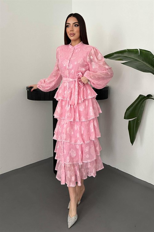 Toptan Pembe Kat Kat Volanlı Elbise