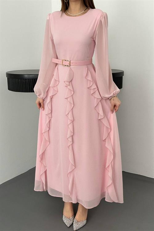 Toptan Pembe Kemerli Şifon Elbise
