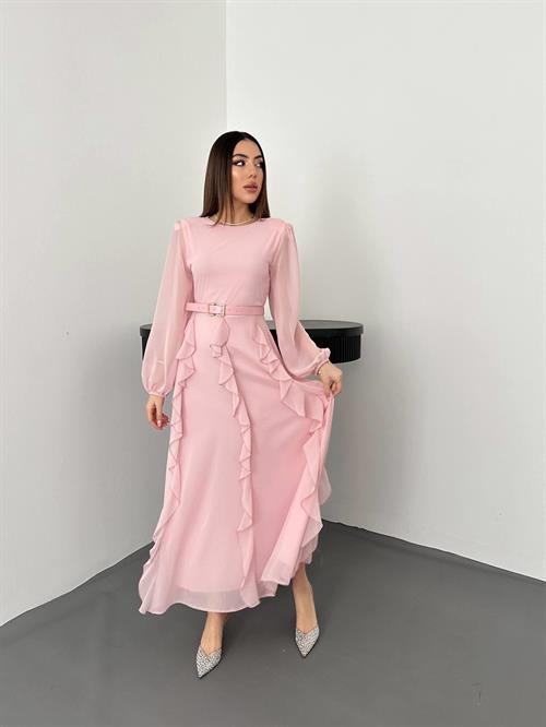 Toptan Pembe Kemerli Şifon Elbise