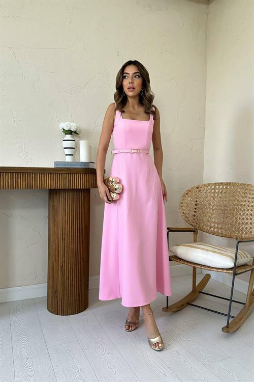 Toptan Pembe Kemerli Uzun Atlas Elbise