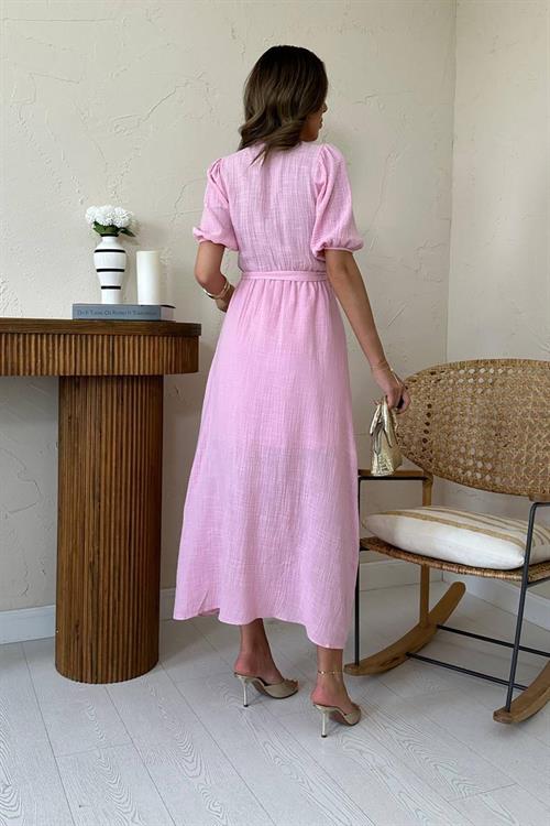 Toptan Pembe Kruvaze Yaka Müslin Keten Elbise