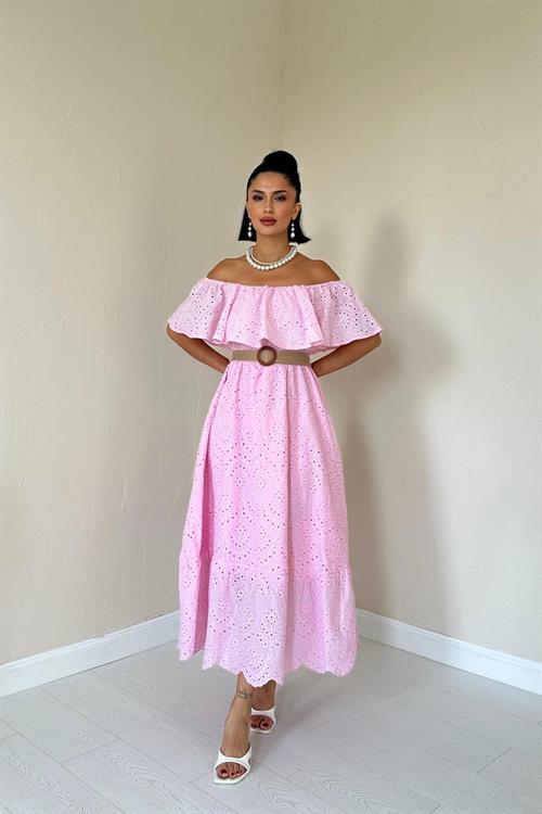 Toptan Pembe Omzu Lastikli Brode Elbise