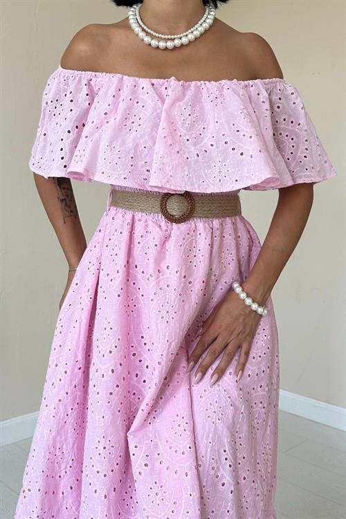 Toptan Pembe Omzu Lastikli Brode Elbise