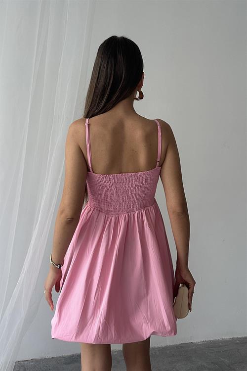 Toptan Pembe Önü Fiyonklu Askılı Elbise