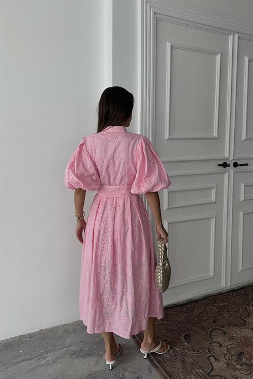 Toptan Pembe Pileli Balon Kol Elbise