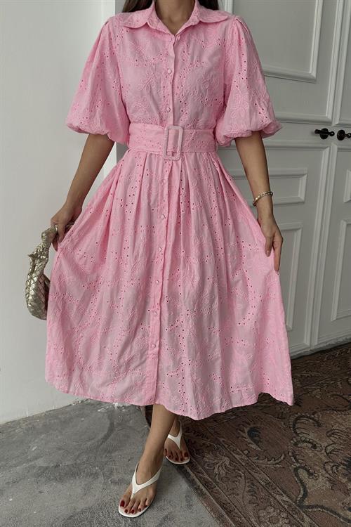 Toptan Pembe Pileli Balon Kol Elbise