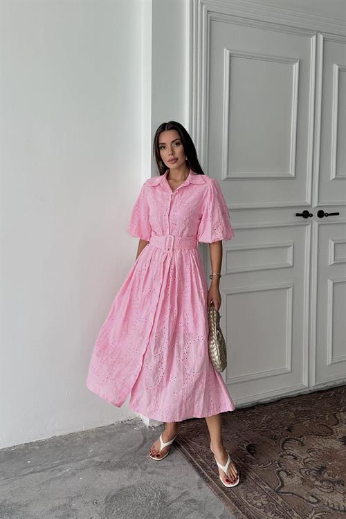 Toptan Pembe Pileli Balon Kol Elbise