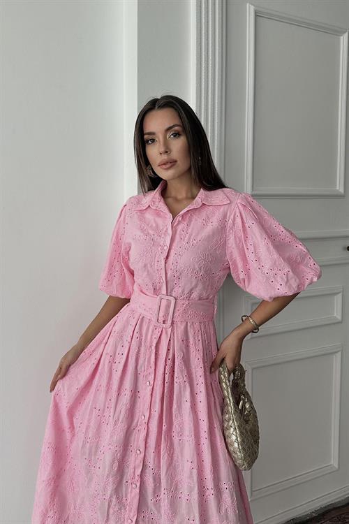 Toptan Pembe Pileli Balon Kol Elbise