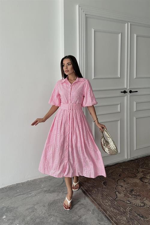 Toptan Pembe Pileli Balon Kol Elbise