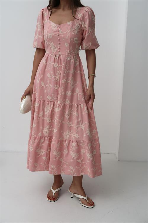 Toptan Pembe Süs Düğmeli Balon Kollu Elbise