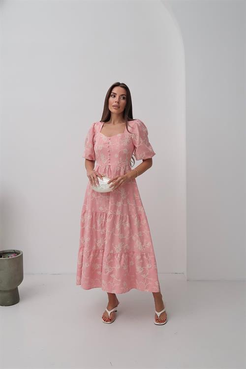 Toptan Pembe Süs Düğmeli Balon Kollu Elbise