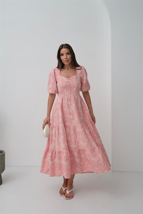 Toptan Pembe Süs Düğmeli Balon Kollu Elbise