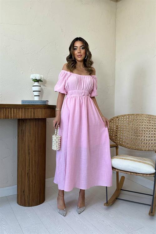 Toptan Pembe Yakası Büzgülü Müslin Keten Elbise