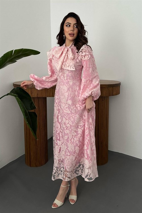 Wholesale Pink Tie-Neck Dress