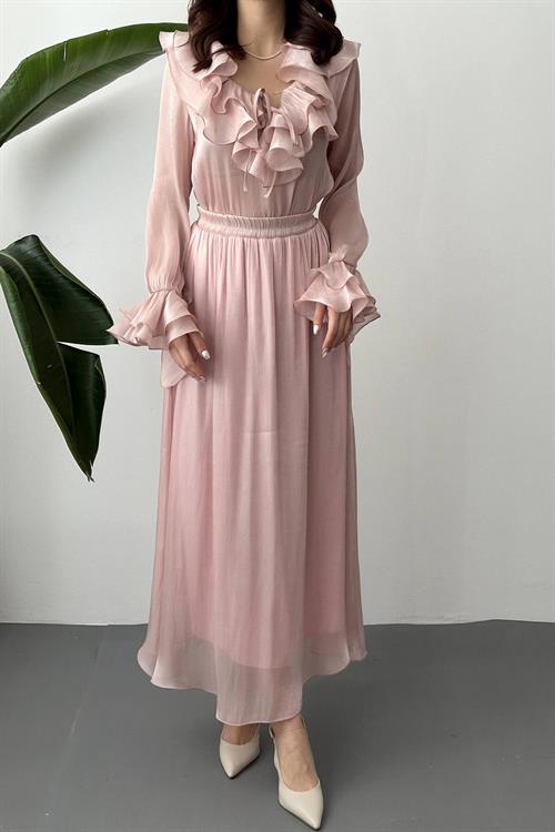 Wholesale Powder Ruffled Blouse and Elastic Waist Skirt Set