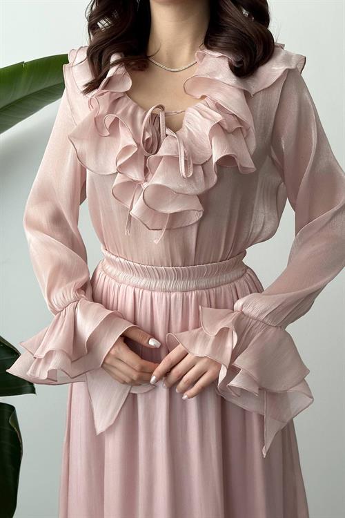 Wholesale Powder Ruffled Blouse and Elastic Waist Skirt Set