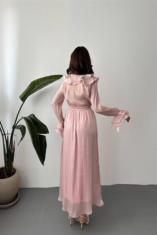 Wholesale Powder Ruffled Blouse and Elastic Waist Skirt Set