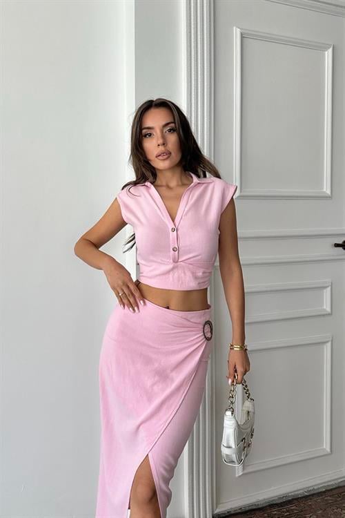 Wholesale Powder Linen Shirt and Skirt Set