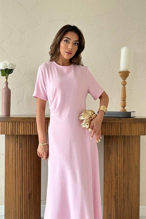 Toptan Pudra Pileli Bisiklet Yaka Elbise