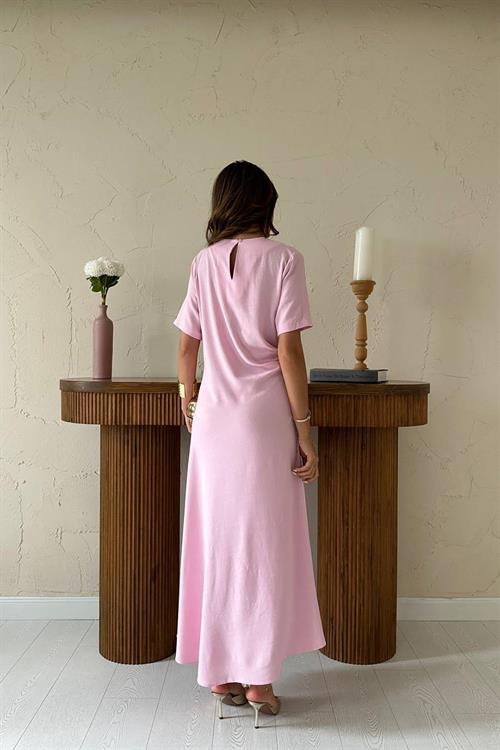 Toptan Pudra Pileli Bisiklet Yaka Elbise