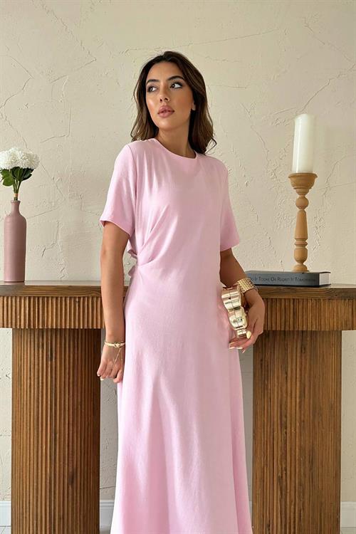 Toptan Pudra Pileli Bisiklet Yaka Elbise