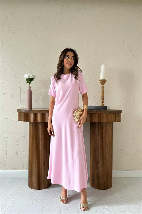 Toptan Pudra Pileli Bisiklet Yaka Elbise