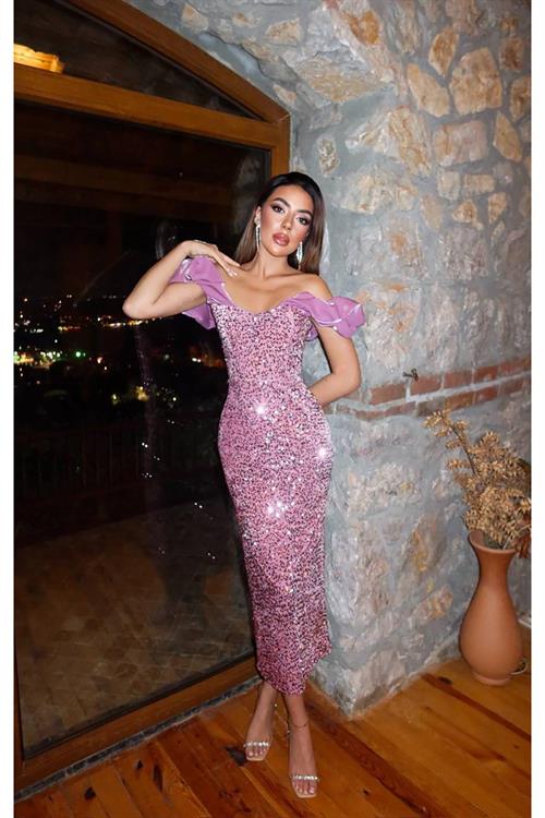 Wholesale Powder Off-Shoulder Sequin Dress