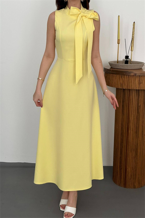 Wholesale Yellow Tie-Neck Long Dress
