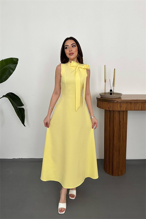 Wholesale Yellow Tie-Neck Long Dress