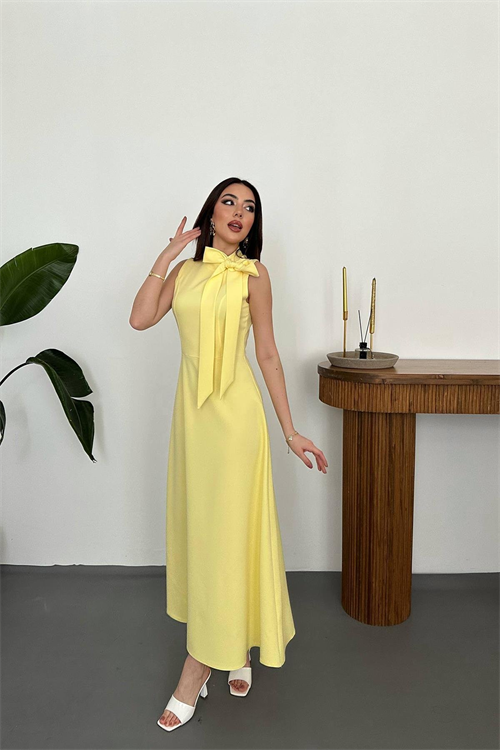Wholesale Yellow Tie-Neck Long Dress