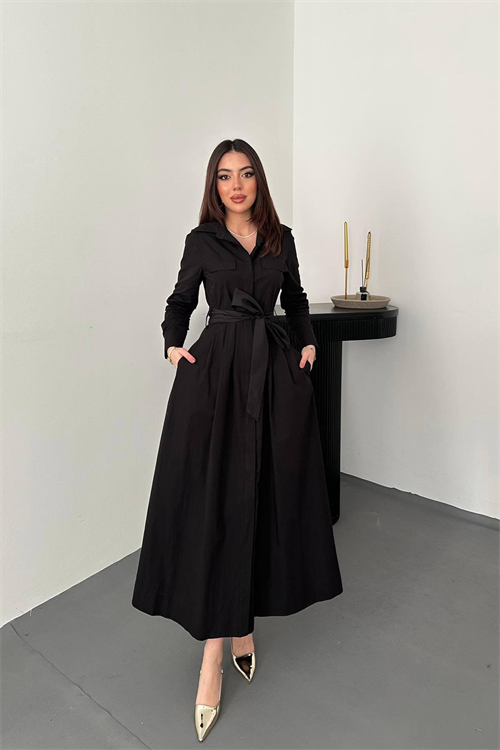 Wholesale Black Button-Up Poplin Dress