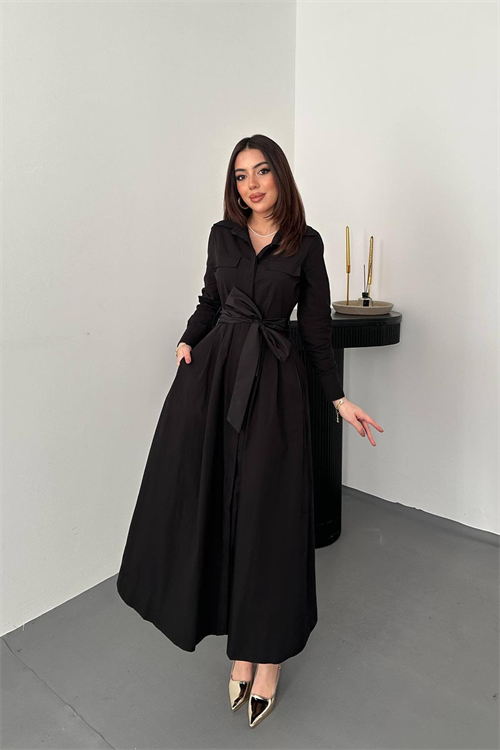 Wholesale Black Button-Up Poplin Dress