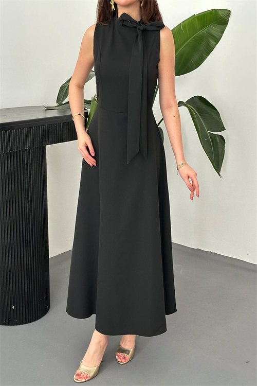 Wholesale Black Tie-Neck Long Dress